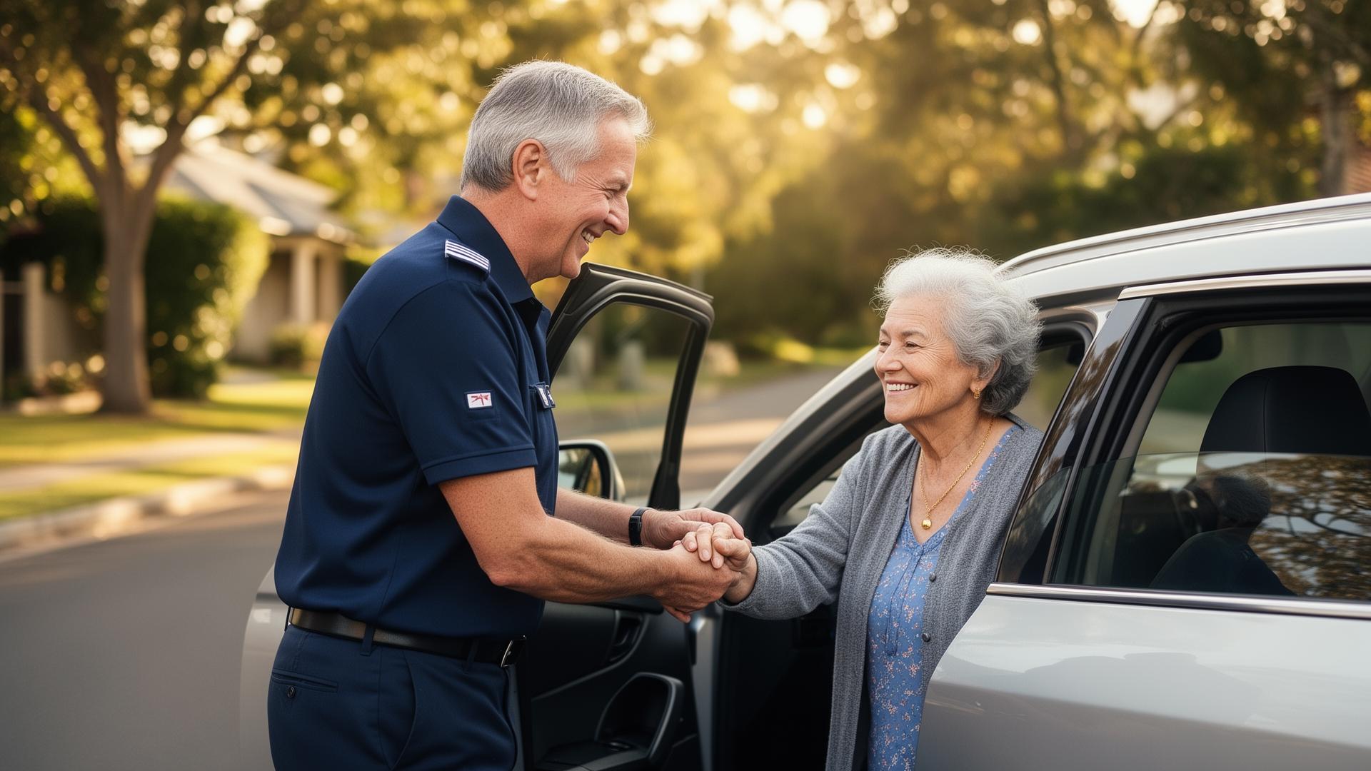 A professional CareDrive driver gently helps an elderly Sydney passenger into a clean vehicle